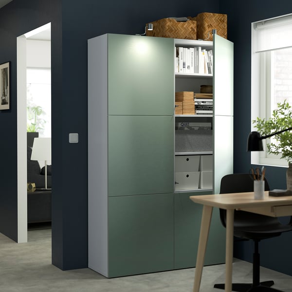 BESTÅ storage combination with doors, white/Hjortviken pale grey-green, 120x42x193 cm
