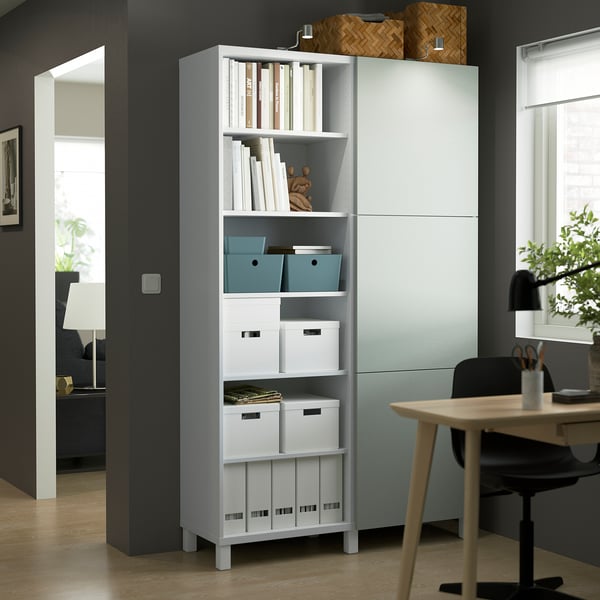 BESTÅ storage combination with doors, white/Hjortviken pale grey-green, 120x42x202 cm