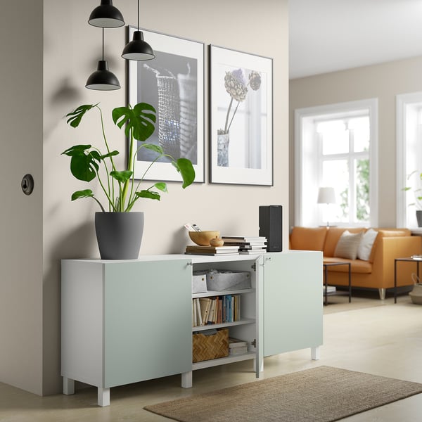 BESTÅ storage combination with doors, white/Hjortviken/Stubbarp pale grey-green, 180x42x74 cm