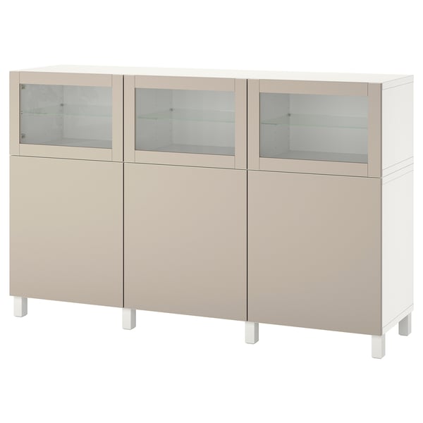 BESTÅ storage combination with doors, white Lappviken/light grey-beige clear glass, 180x42x112 cm