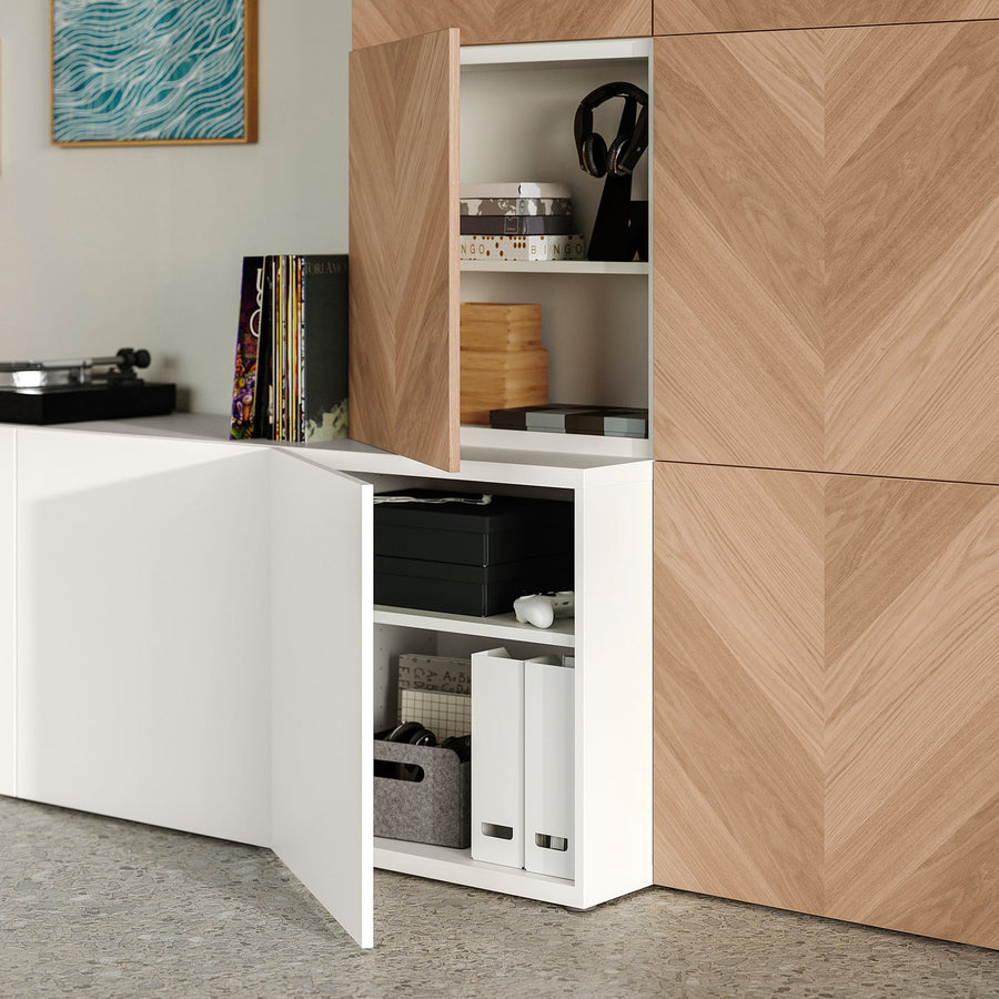 BESTÅ storage combination with doors, white Lappviken/Hedeviken oak, 300x42x193 cm