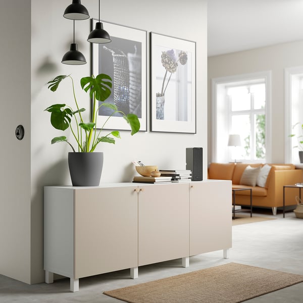 BESTÅ storage combination with doors, white/Lappviken/Stubbarp light grey-beige, 180x42x74 cm