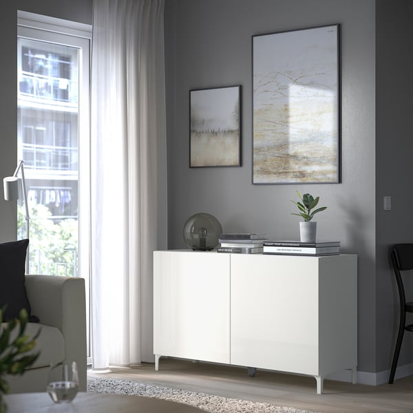 BESTÅ storage combination with doors, white/Selsviken high-gloss/white, 120x42x74 cm