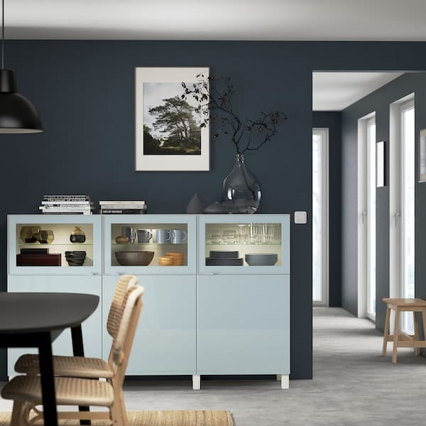Ikea BESTÅ - Storage combination with doors, white Selsviken/high-gloss light grey-blue, 180x42x112 cm