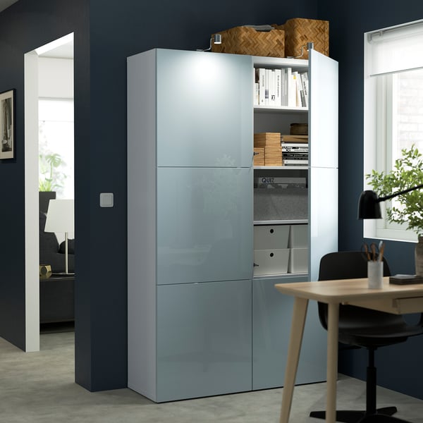 BESTÅ storage combination with doors, white Selsviken/high-gloss light grey-blue, 120x42x193 cm