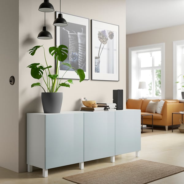 BESTÅ storage combination with doors, white Selsviken/Stubbarp/high-gloss light grey-blue, 180x42x74 cm
