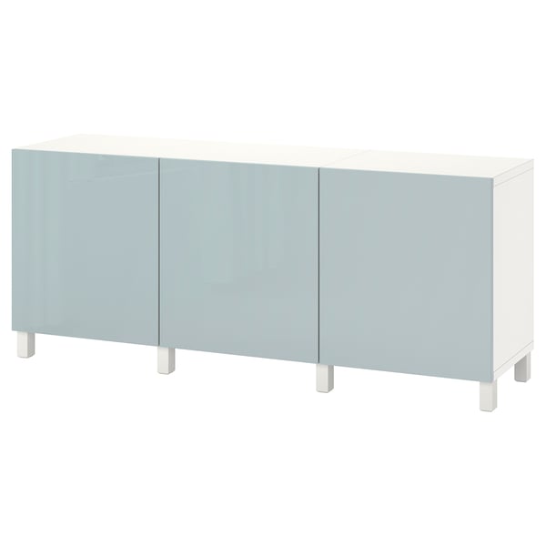 BESTÅ storage combination with doors, white Selsviken/Stubbarp/high-gloss light grey-blue, 180x42x74 cm