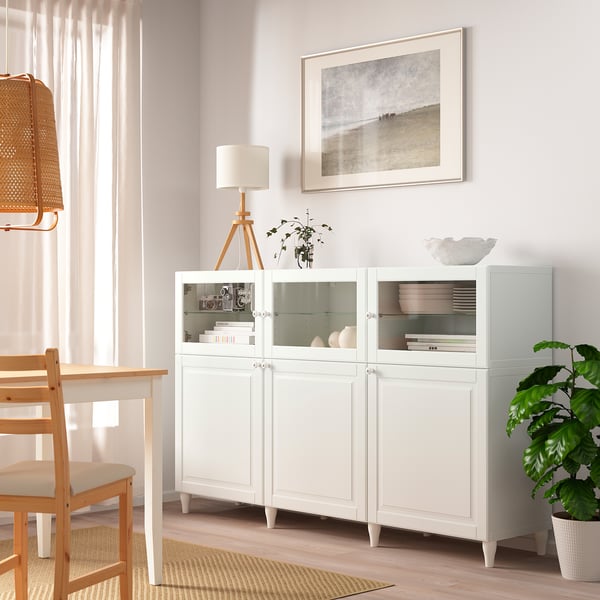 BESTÅ storage combination with doors, white/Smeviken/Kabbarp white clear glass, 180x42x112 cm