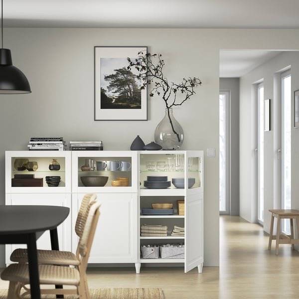 BESTÅ storage combination with doors, white/Smeviken/Kabbarp white clear glass, 180x42x112 cm