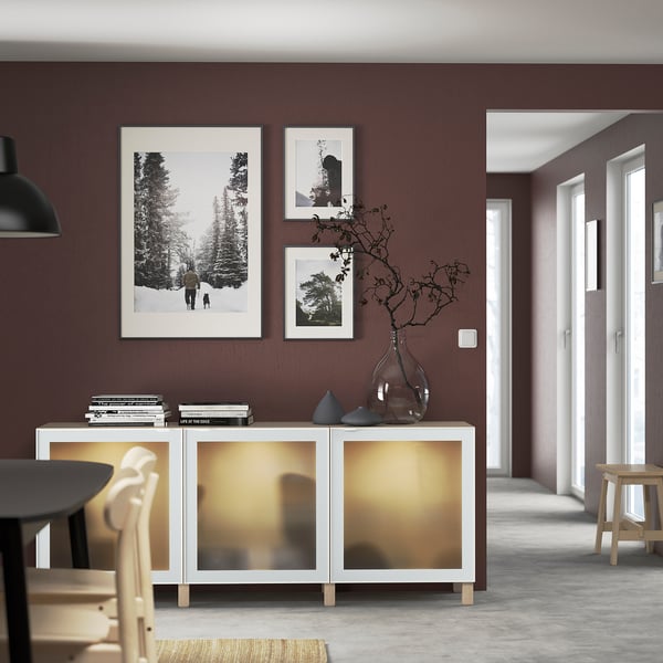 BESTÅ storage combination with doors, white stained oak effect Glassvik/Stubbarp/white/light green frosted glass, 180x42x74 cm