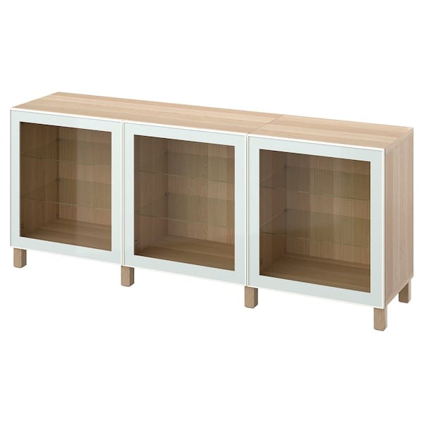 Ikea BESTÅ - Storage combination with doors, white stained oak effect Glassvik/Stubbarp/white/light green clear glass, 180x42x74 cm