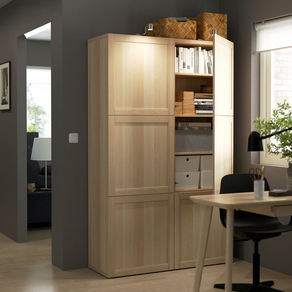 BESTÅ storage combination with doors, white stained oak effect/Hanviken white stained oak effect, 120x42x193 cm
