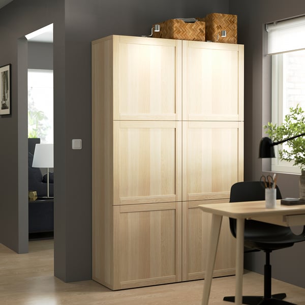 BESTÅ storage combination with doors, white stained oak effect/Hanviken white stained oak effect, 120x42x193 cm