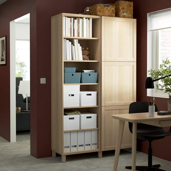 BESTÅ storage combination with doors, white stained oak effect/Hanviken/Stubbarp white stained oak effect, 120x42x202 cm