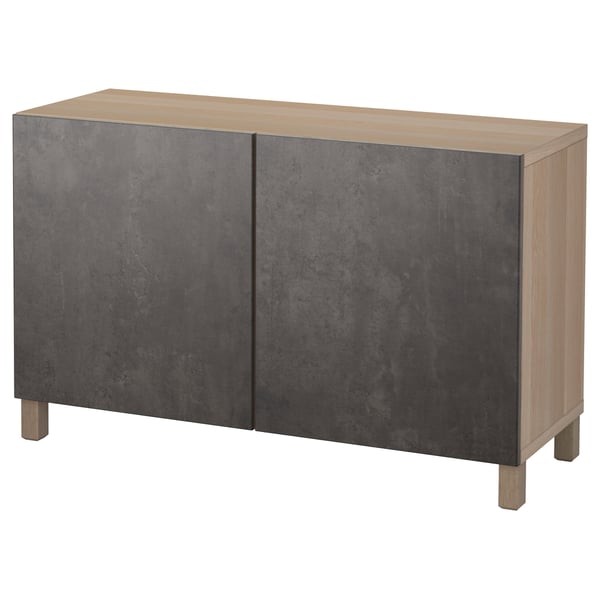 BESTÅ storage combination with doors, white stained oak effect Kallviken/Stubbarp/dark grey concrete effect, 120x42x74 cm