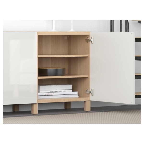 BESTÅ storage combination with doors, white stained oak effect/Selsviken/Stubbarp high-gloss/white, 180x42x74 cm