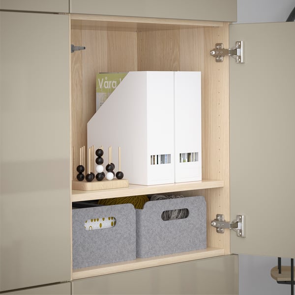 BESTÅ storage combination with doors, white stained oak effect/Selsviken high-gloss/beige, 120x42x193 cm