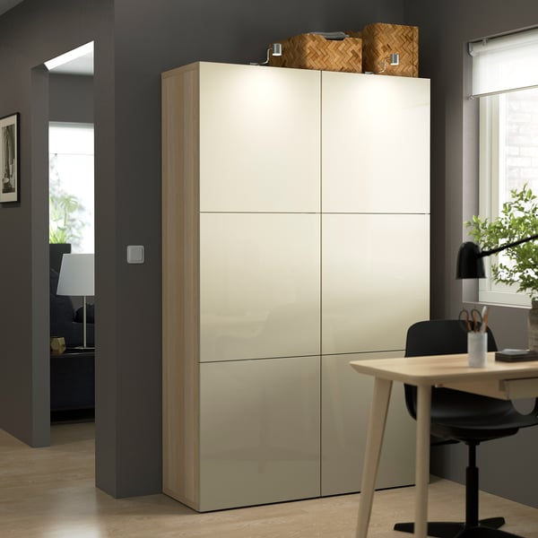 BESTÅ storage combination with doors, white stained oak effect/Selsviken high-gloss/beige, 120x42x193 cm