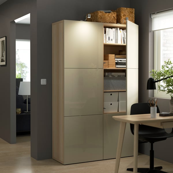 BESTÅ storage combination with doors, white stained oak effect/Selsviken high-gloss/beige, 120x42x193 cm