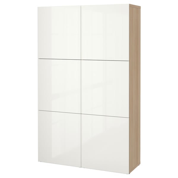 BESTÅ storage combination with doors, white stained oak effect/Selsviken high-gloss/white, 120x42x193 cm