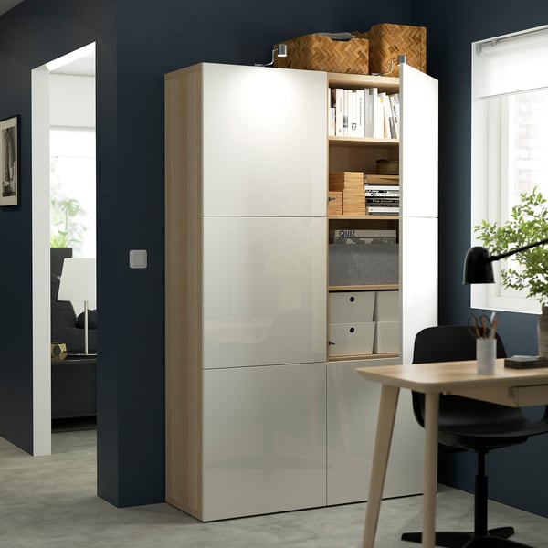 BESTÅ storage combination with doors, white stained oak effect/Selsviken high-gloss/white, 120x42x193 cm