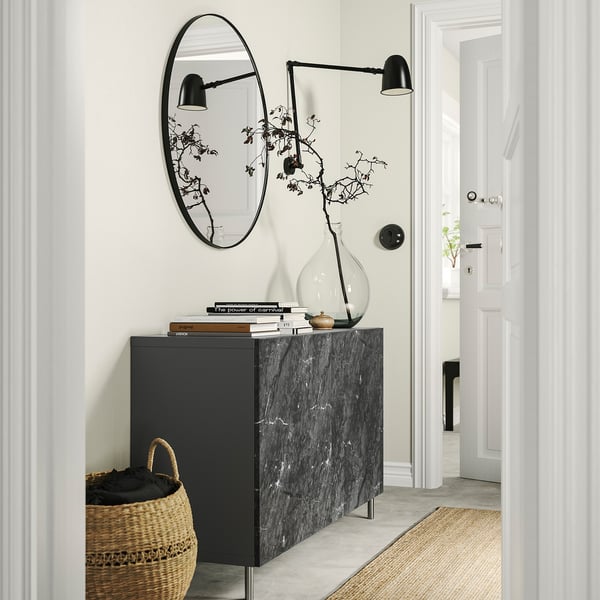 BESTÅ storage combination with doors, dark grey Bergsviken/Ösarp/black marble effect, 120x42x74 cm
