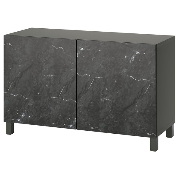 BESTÅ storage combination with doors, dark grey Bergsviken/Stubbarp/black marble effect, 120x42x74 cm