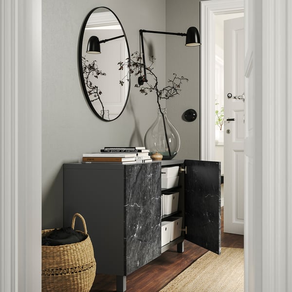 BESTÅ storage combination with doors, dark grey Bergsviken/Stubbarp/black marble effect, 120x42x74 cm