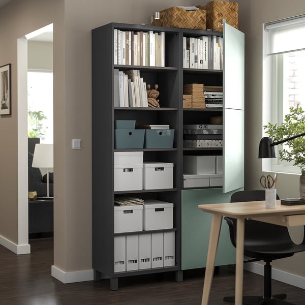 BESTÅ storage combination with doors, dark grey/Hjortviken pale grey-green, 120x42x202 cm