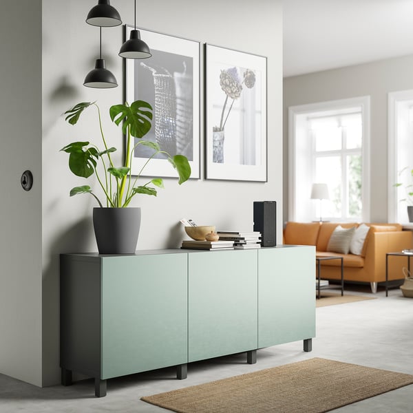 BESTÅ storage combination with doors, dark grey/Hjortviken/Stubbarp pale grey-green, 180x42x74 cm