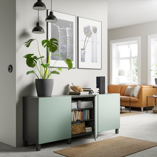 BESTÅ storage combination with doors, dark grey/Hjortviken/Stubbarp pale grey-green, 180x42x74 cm