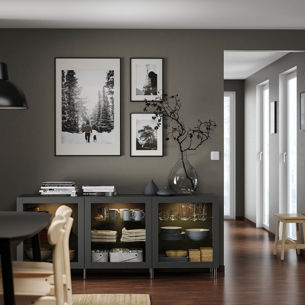 BESTÅ storage combination with doors, dark grey Sindvik/dark grey clear glass, 180x42x74 cm