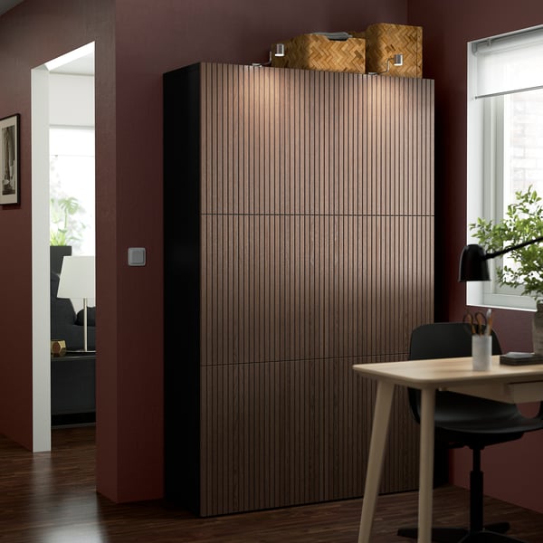 BESTÅ storage combination with doors, black-brown Björköviken/brown stained oak veneer, 120x42x193 cm