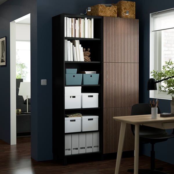 BESTÅ storage combination with doors, black-brown Björköviken/brown stained oak veneer, 120x42x202 cm