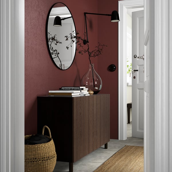 BESTÅ storage combination with doors, black-brown Björköviken/Mejarp/brown stained oak veneer, 120x42x74 cm