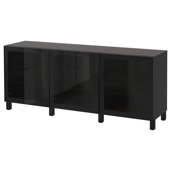 BESTÅ storage combination with doors, black-brown/Glassvik/Stubbarp black/clear glass, 180x42x74 cm