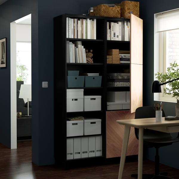 BESTÅ storage combination with doors, black-brown/Hedeviken oak veneer, 120x42x202 cm
