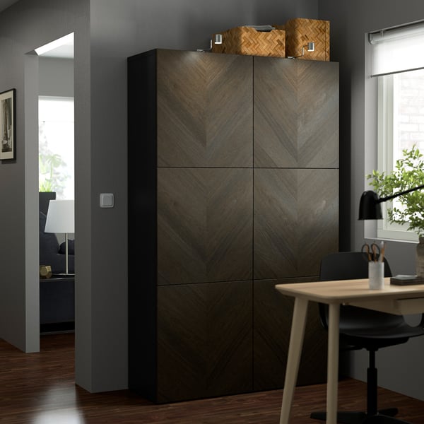 BESTÅ storage combination with doors, black-brown Hedeviken/dark brown stained oak veneer, 120x42x193 cm