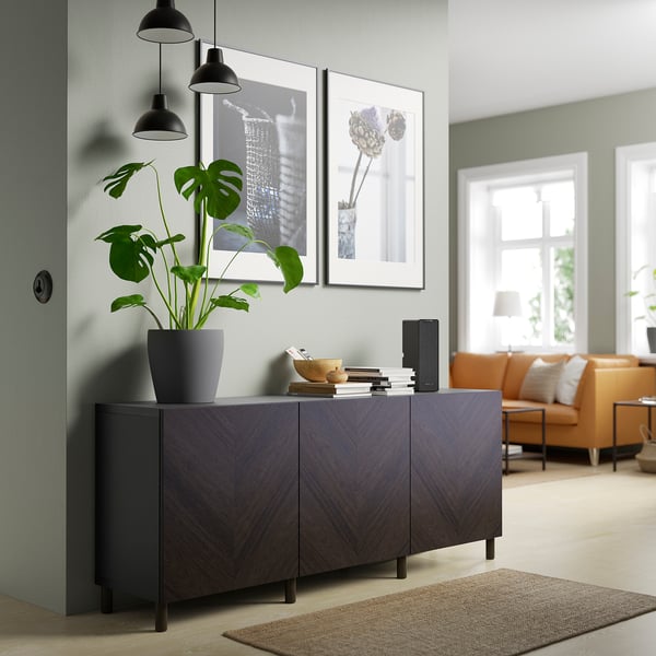 BESTÅ storage combination with doors, black-brown Hedeviken/Mejarp/dark brown stained oak veneer, 180x42x74 cm