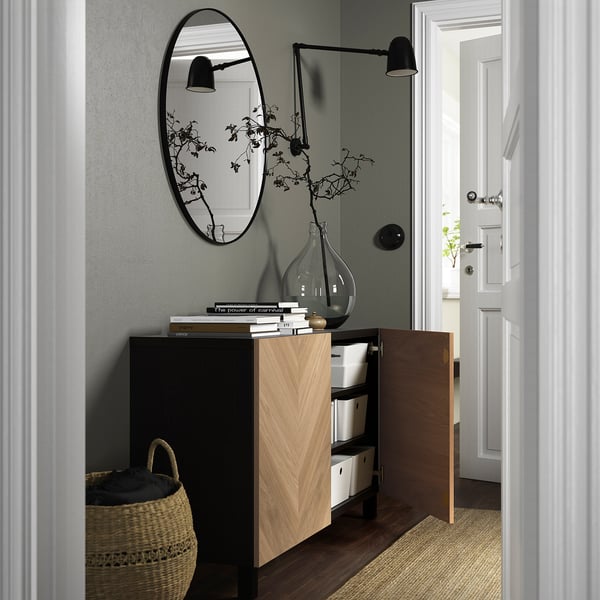 BESTÅ storage combination with doors, black-brown/Hedeviken/Stubbarp oak veneer, 120x42x74 cm