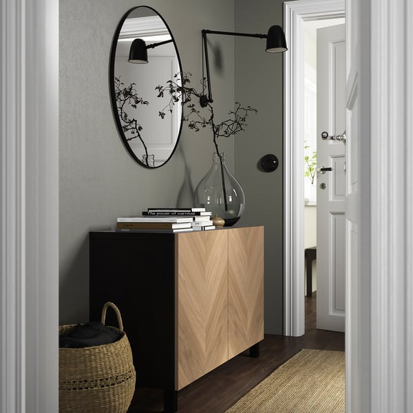 BESTÅ storage combination with doors, black-brown/Hedeviken/Stubbarp oak veneer, 120x42x74 cm