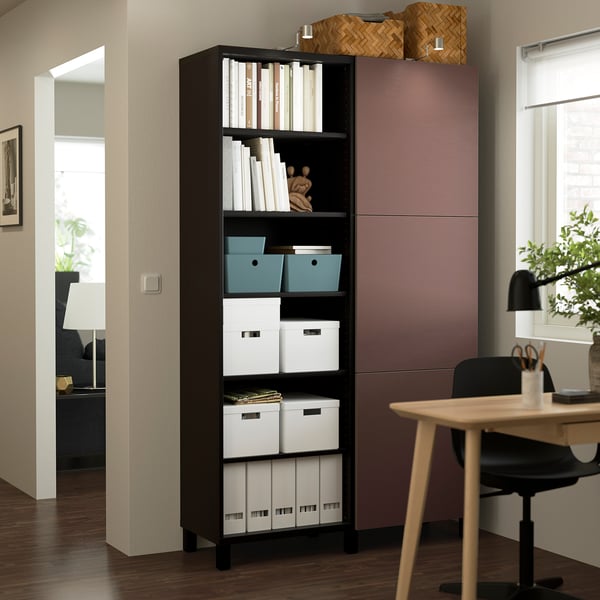 BESTÅ storage combination with doors, black-brown/Hjortviken brown, 120x42x202 cm