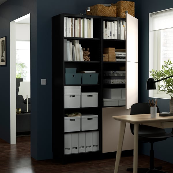 BESTÅ storage combination with doors, black-brown/Lappviken light grey-beige, 120x42x202 cm