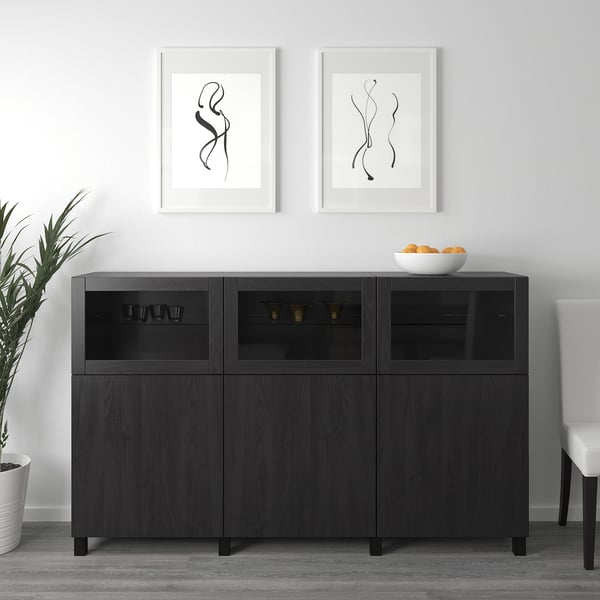 BESTÅ storage combination with doors, black-brown Lappviken/Sindvik black-brown clear glass, 180x42x112 cm