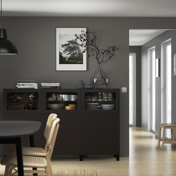 BESTÅ storage combination with doors, black-brown Lappviken/Sindvik black-brown clear glass, 180x42x112 cm