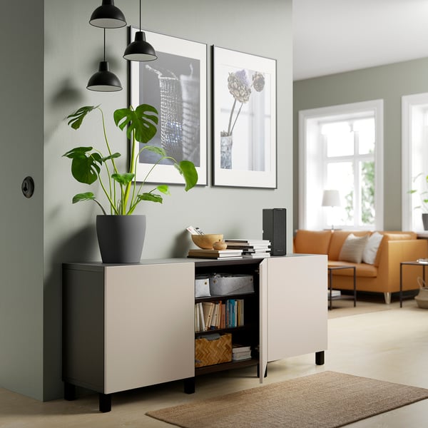 BESTÅ storage combination with doors, black-brown/Lappviken/Stubbarp light grey-beige, 180x42x74 cm