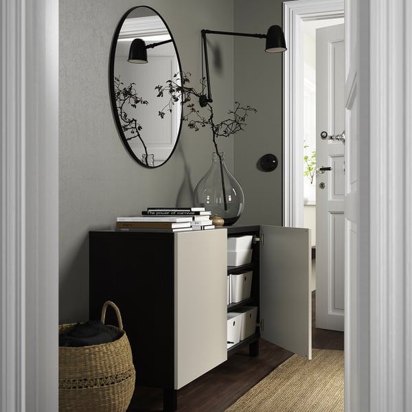 BESTÅ storage combination with doors, black-brown/Lappviken/Stubbarp light grey-beige, 120x42x74 cm