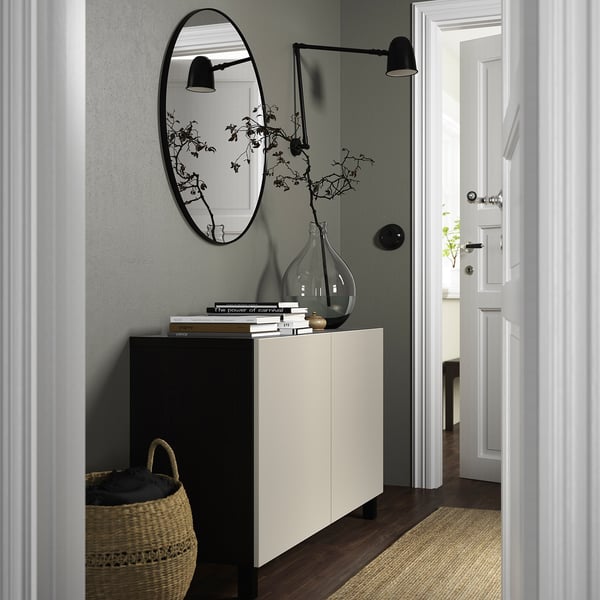 BESTÅ storage combination with doors, black-brown/Lappviken/Stubbarp light grey-beige, 120x42x74 cm