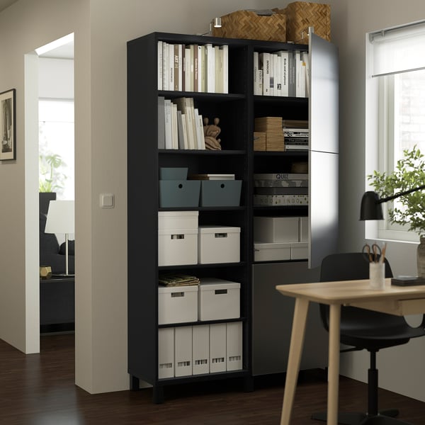 BESTÅ storage combination with doors, black-brown/Riksviken brushed dark pewter effect, 120x42x202 cm