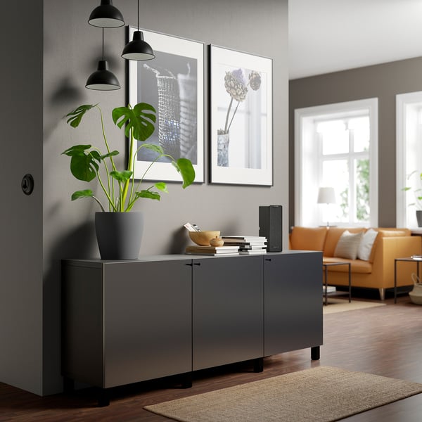 BESTÅ storage combination with doors, black-brown/Riksviken/Stubbarp brushed dark pewter effect, 180x42x74 cm